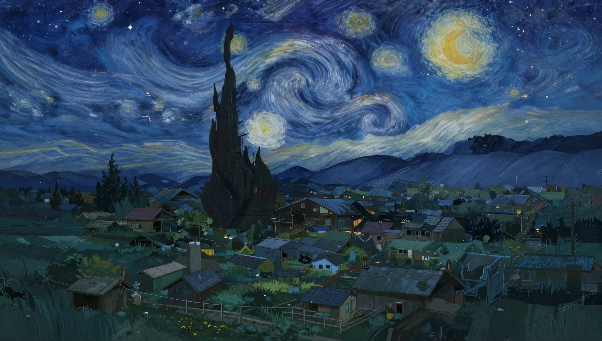 星空下的宁静田园小镇动漫壁纸