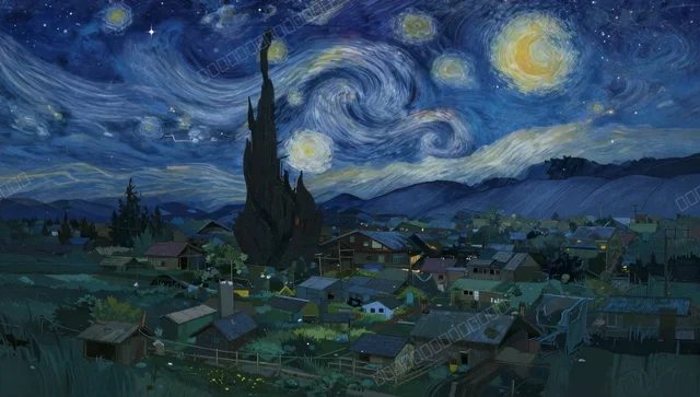 星空下的宁静田园小镇动漫壁纸