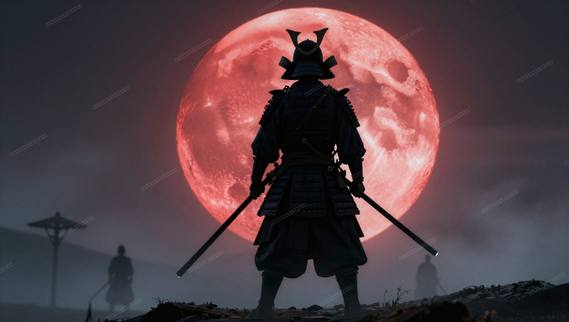 武士剪影巨红月雾战史诗壁纸