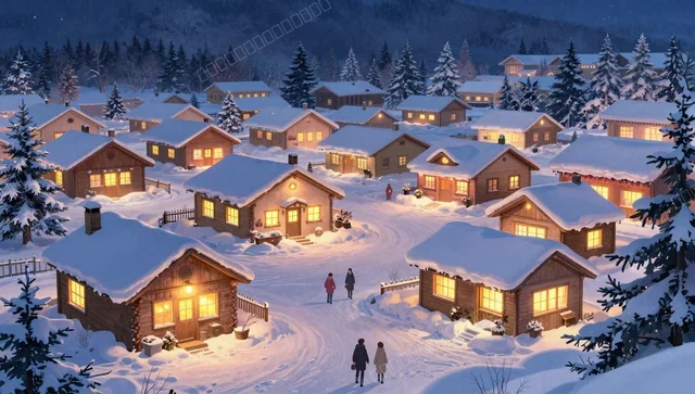 Cozy Winter Snow Village Anime Wallpaper