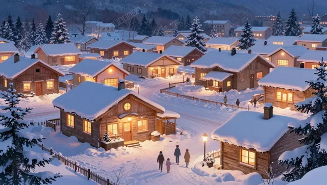 Cozy Winter Snow Village Anime Wallpaper