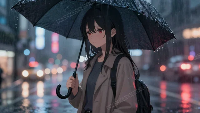 Anime Girl in Rain with Umbrella Under Neon Lights