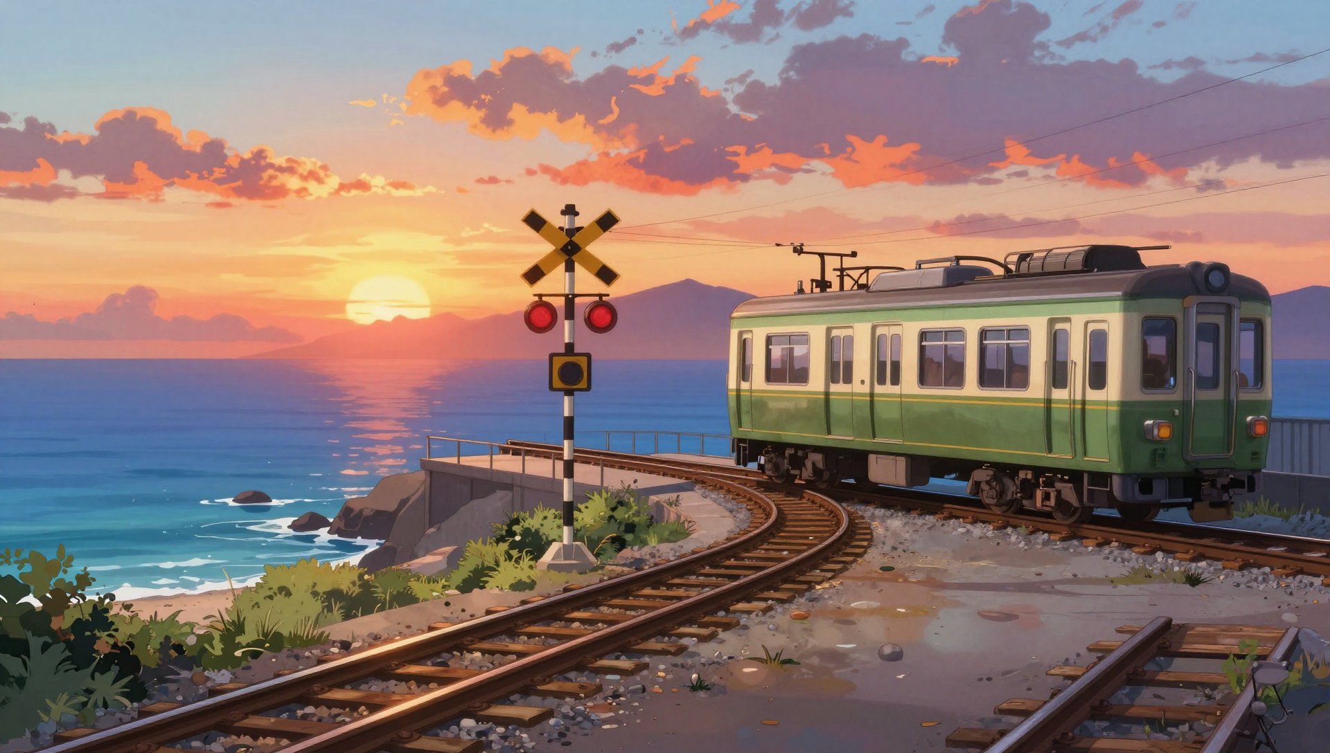 夕阳海岸列车动漫壁纸