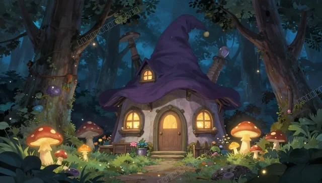 Ghibli Style Witch Cottage in Enchanted Forest Wallpaper