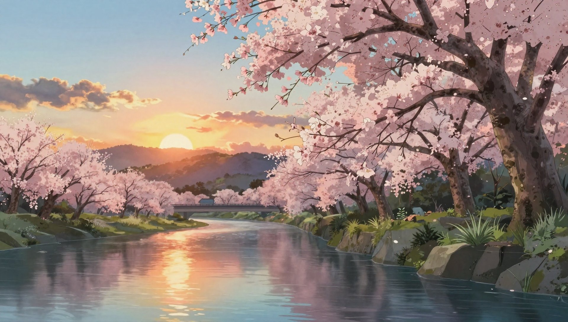 吉卜力风格夕阳河畔樱花壁纸