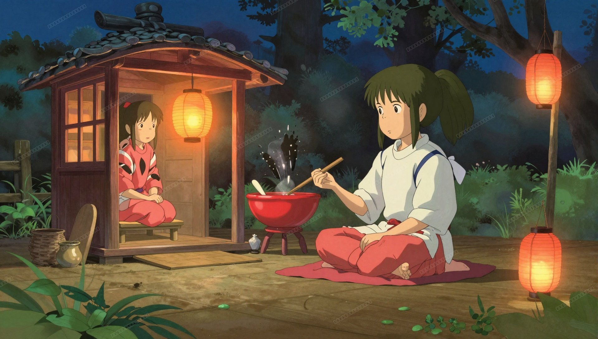 千与千寻风格夜间汤屋壁纸