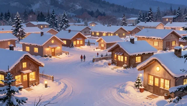 Cozy Winter Snow Village Anime Wallpaper