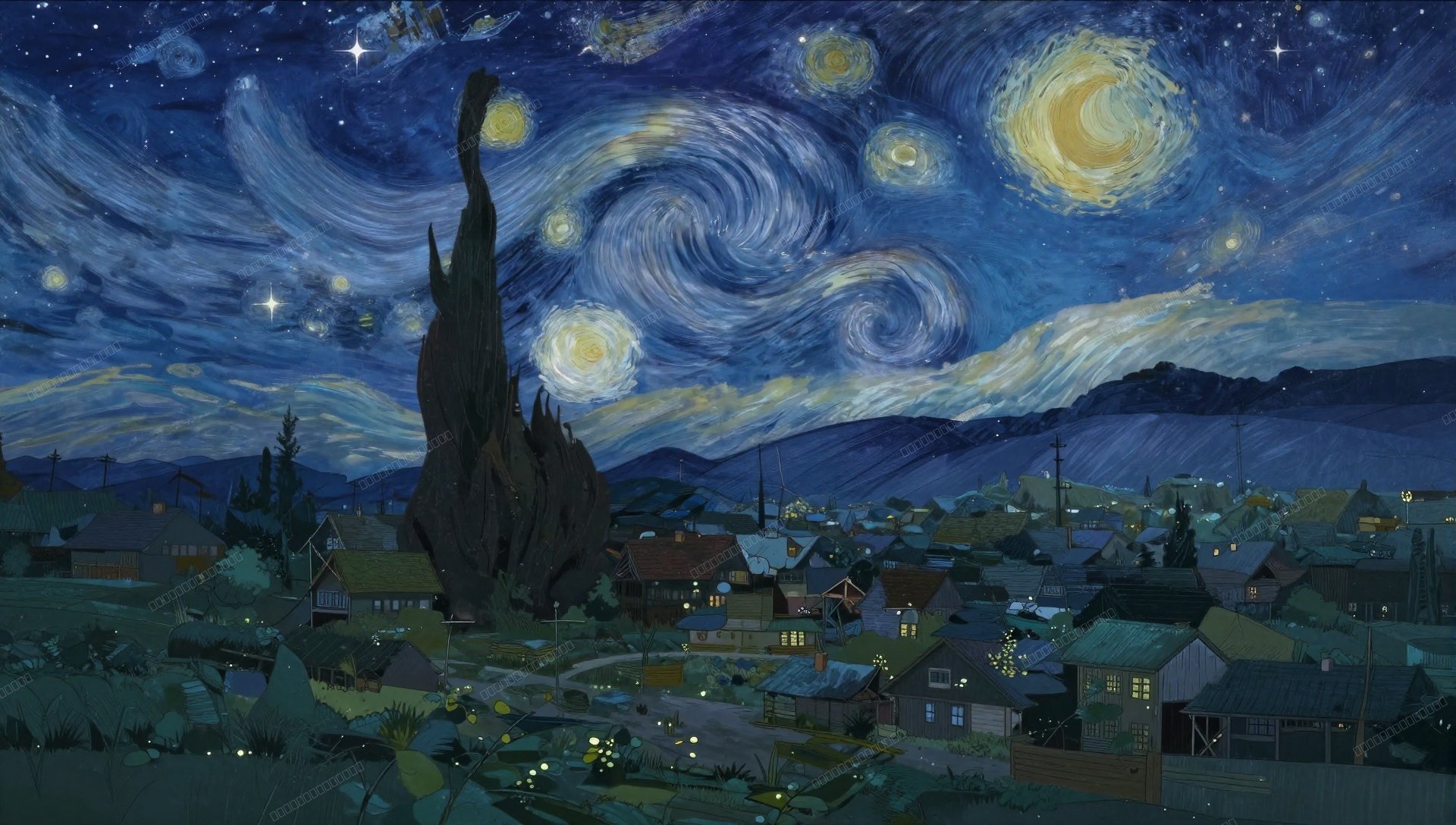 星空下的宁静乡村小镇壁纸