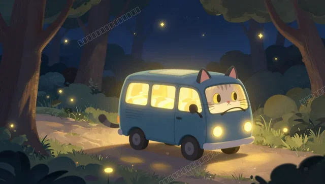 Cat Bus Racing Through a Starry Forest Night