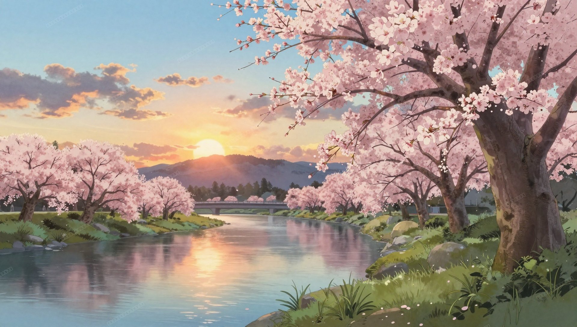 夕阳樱花河畔吉卜力风格壁纸