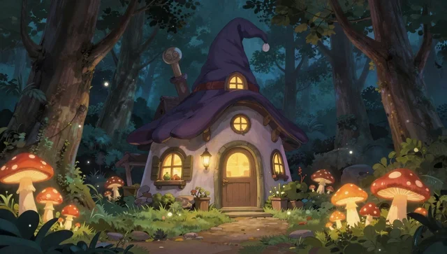 Ghibli Style Enchanted Forest Witch Cottage Wallpaper
