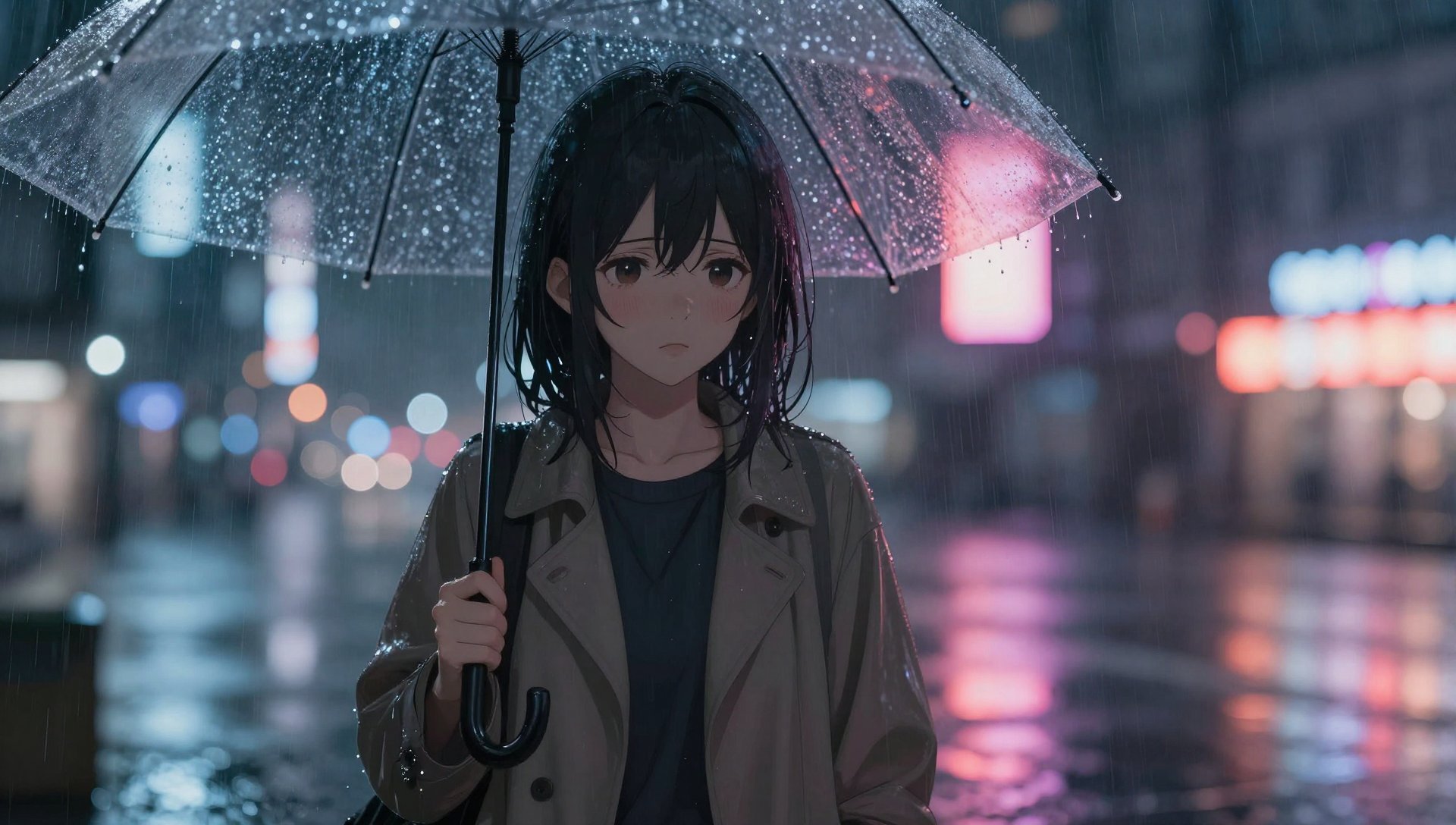 雨中霓虹下的动漫少女壁纸