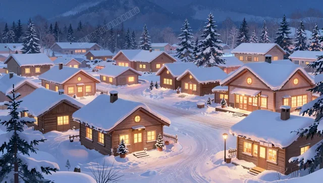 Winter Snow Village with Warm Lights