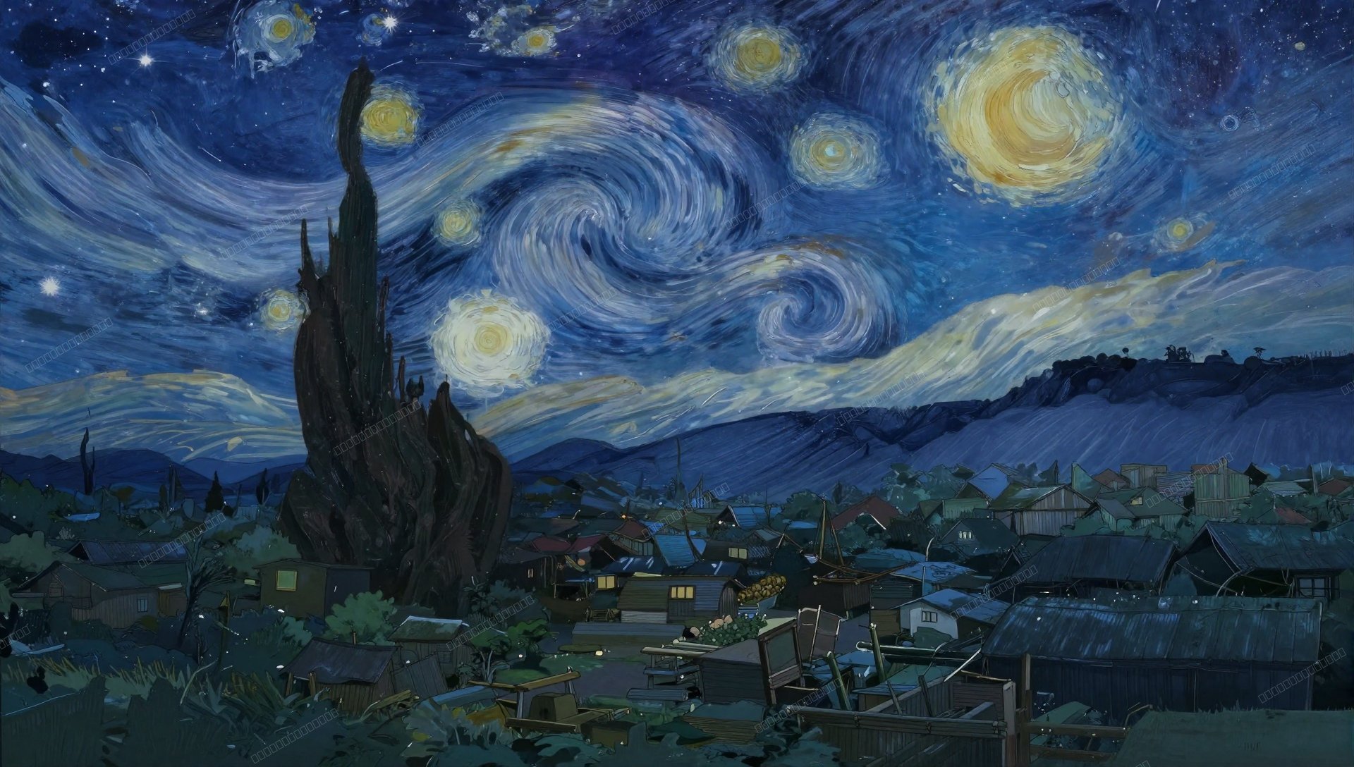 星空下的宁静田园小镇动漫壁纸