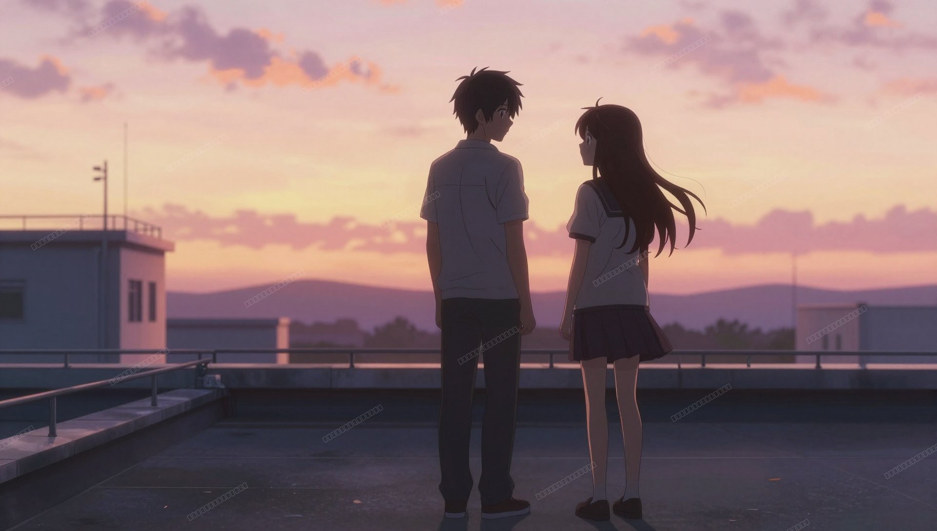 动漫夕阳校园屋顶浪漫剪影壁纸