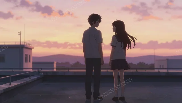 动漫夕阳校园屋顶浪漫剪影壁纸