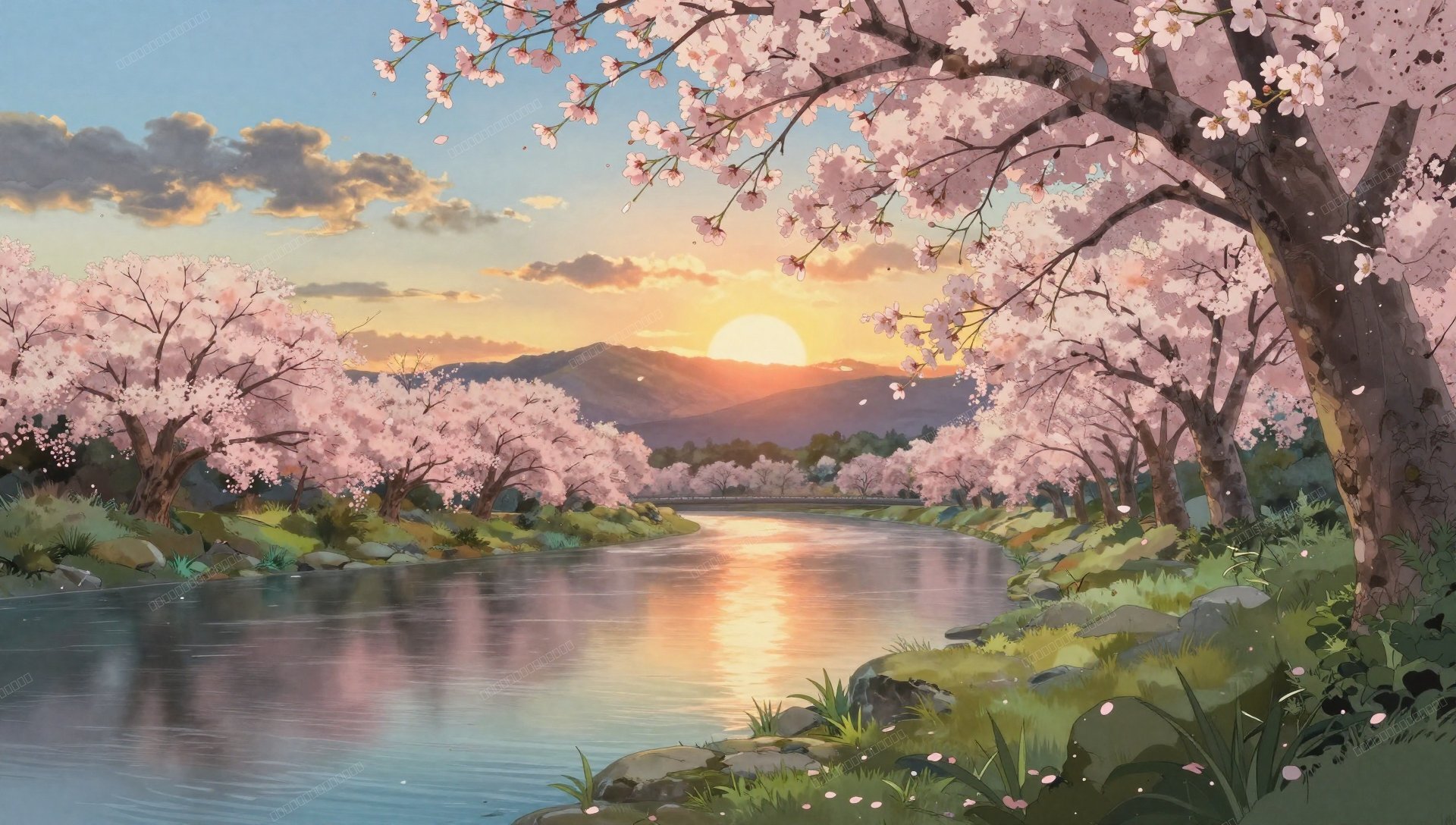 宫崎骏风日落河畔樱花壁纸