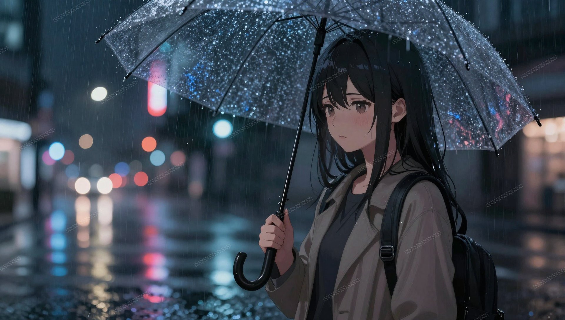 雨中撑伞少女霓虹街景