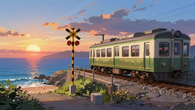夕阳海岸列车壁纸