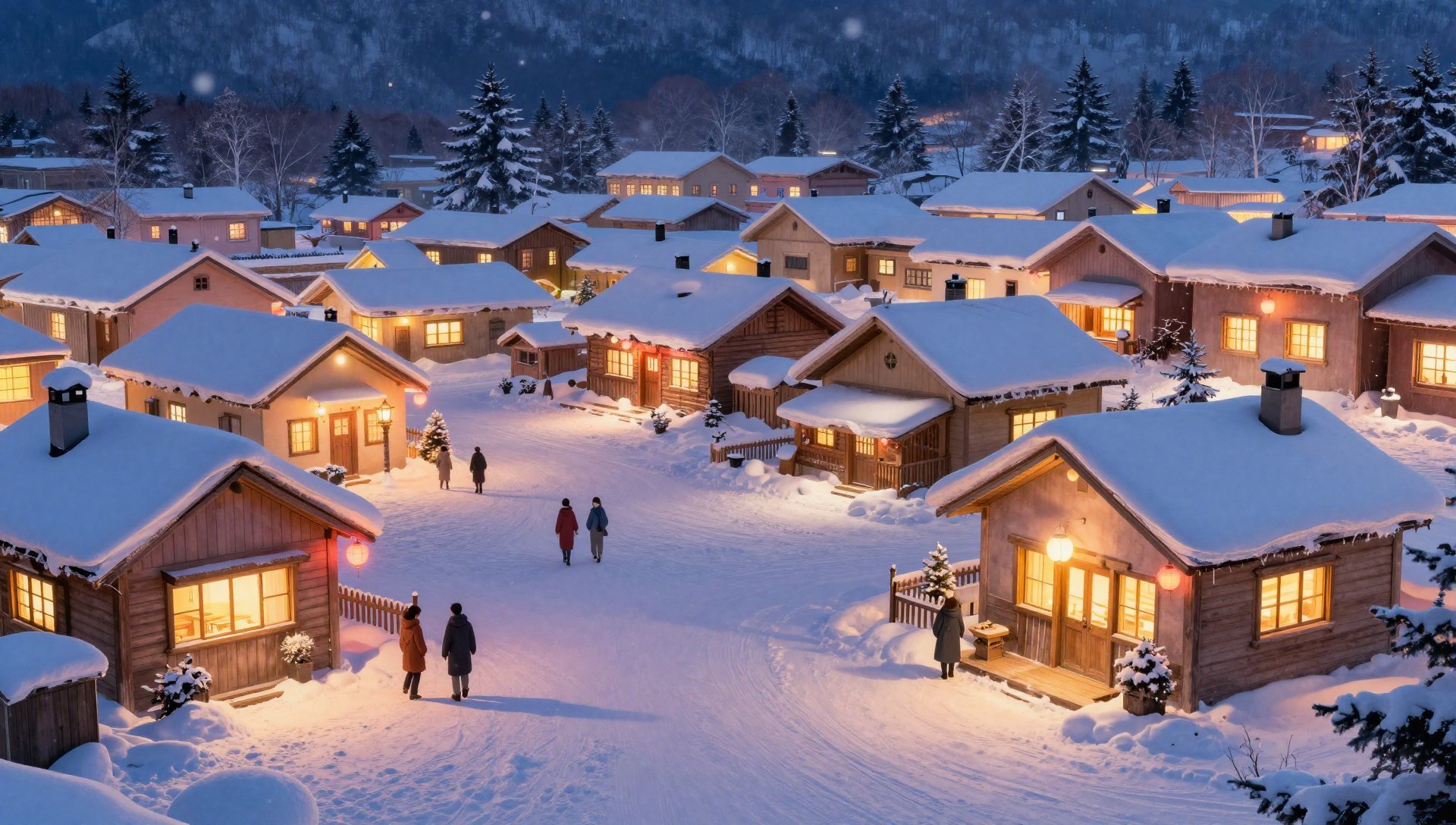 冬日雪村暖居灯光