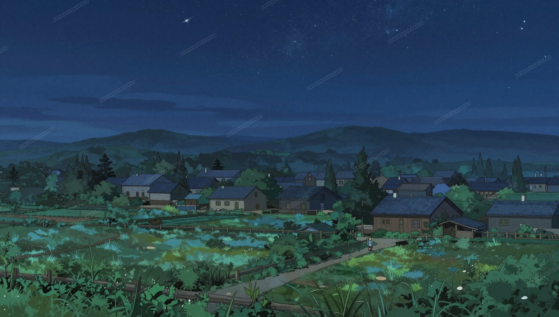 星空下宁静的田园小镇壁纸