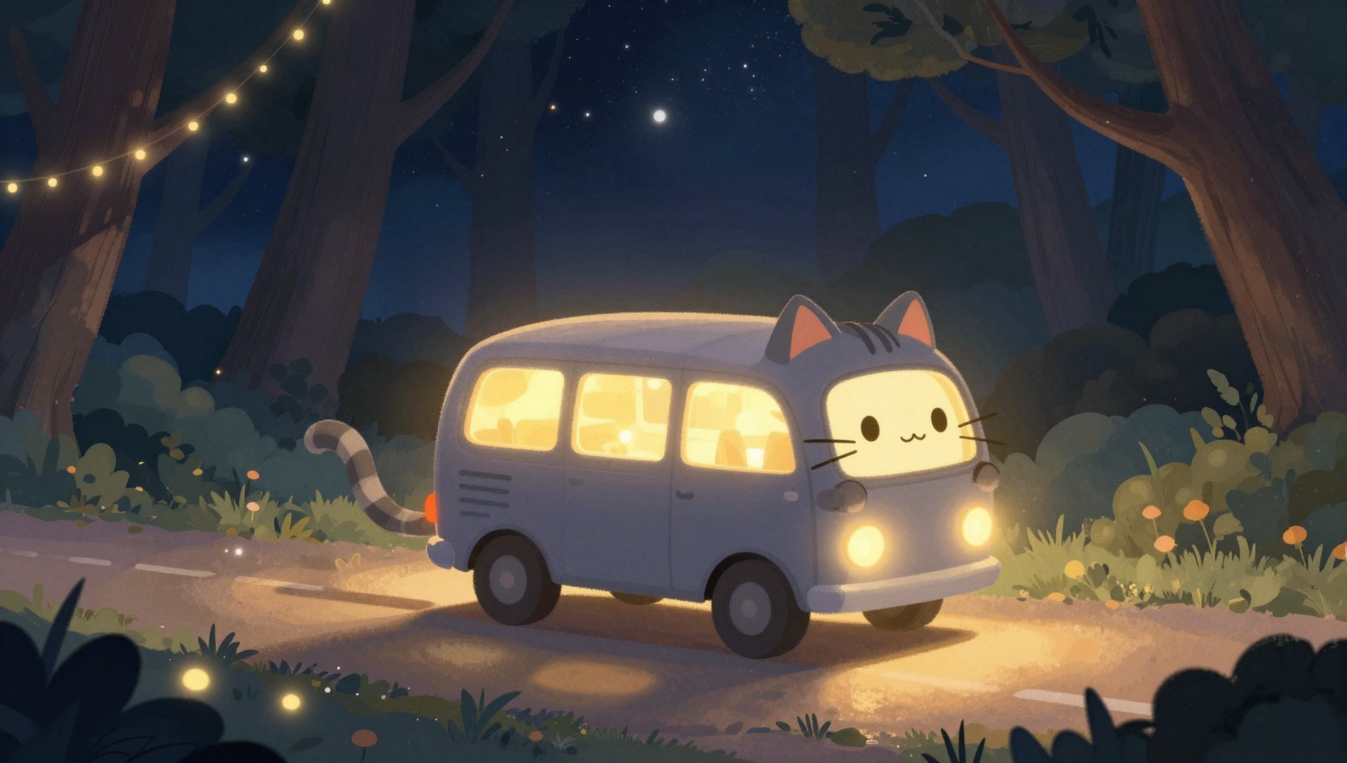 星空森林中的猫巴士奇幻之夜