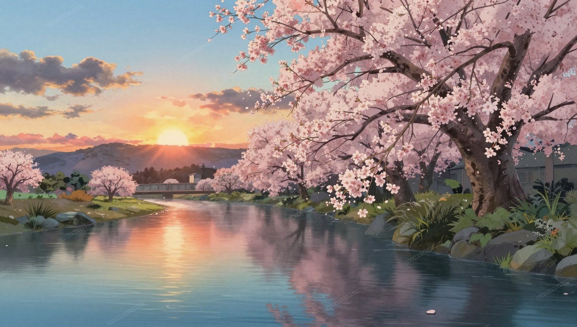 夕阳河畔樱花动漫壁纸