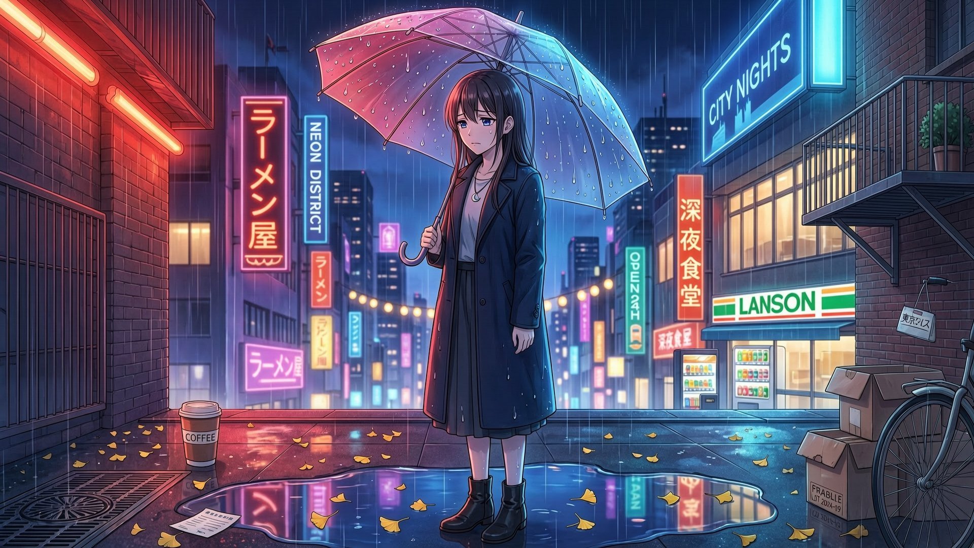 雨夜霓虹下的忧郁动漫少女