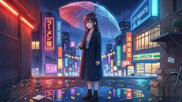 雨夜霓虹下的忧郁动漫少女