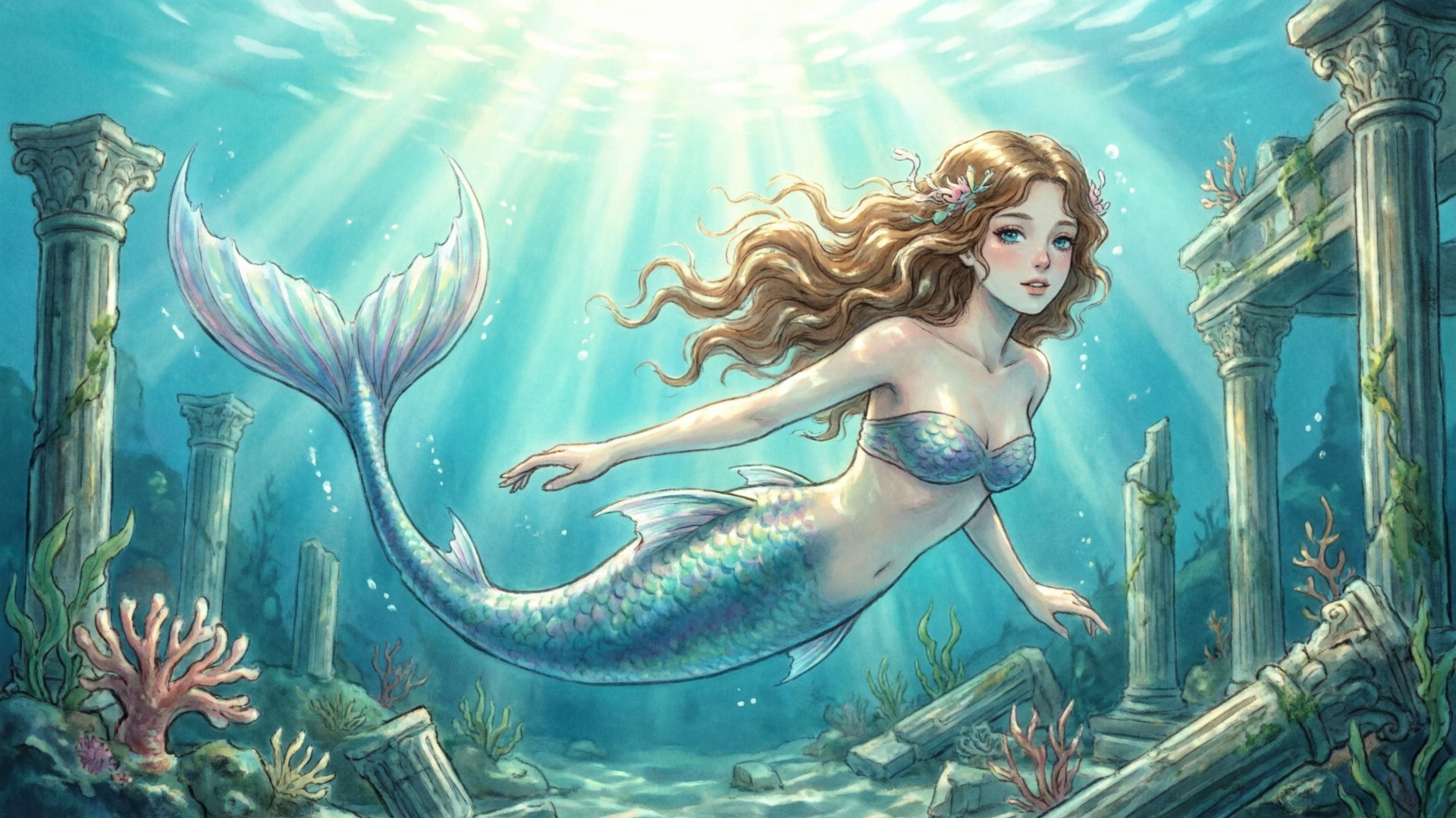 人鱼游过沉没遗迹,梦幻水下光效