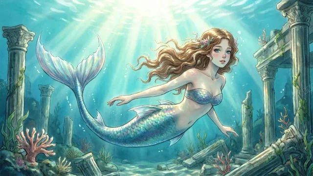 人鱼游过沉没遗迹,梦幻水下光效