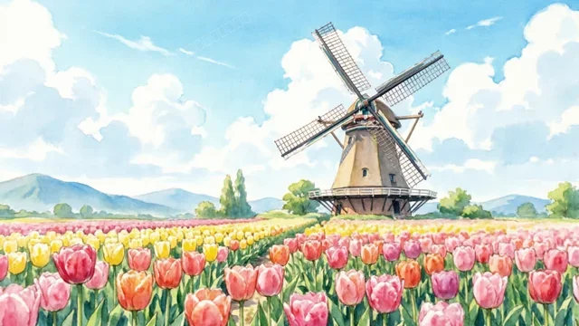 荷兰田园风车与郁金香花田