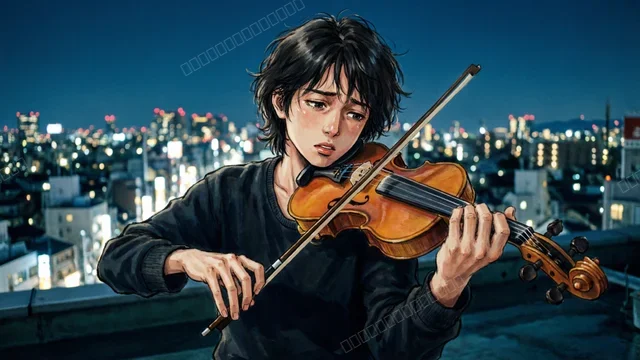 动漫乐手屋顶演奏小提琴