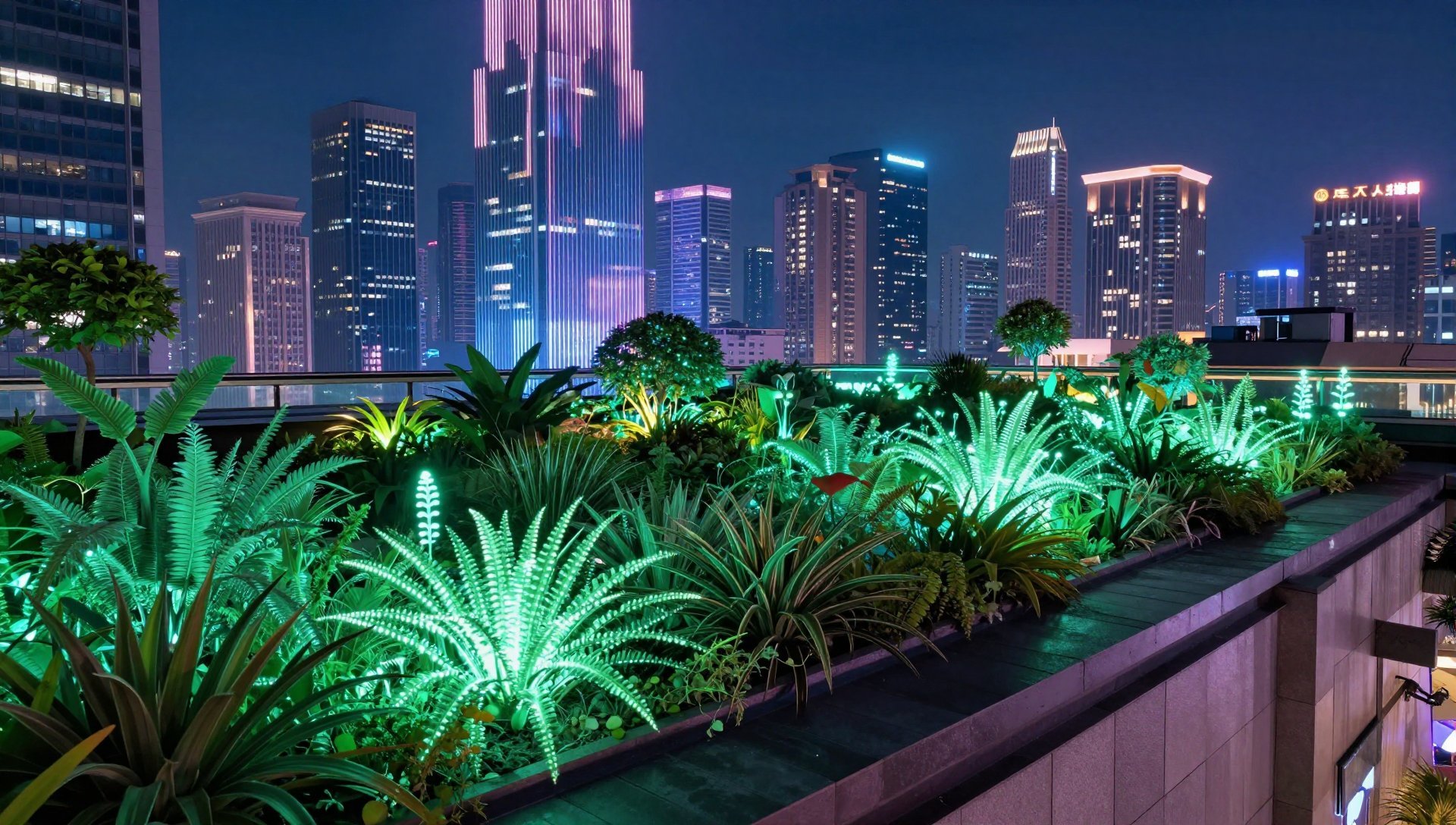 Rooftop Garden Bioluminescent Eco Cyberpunk Wallpaper