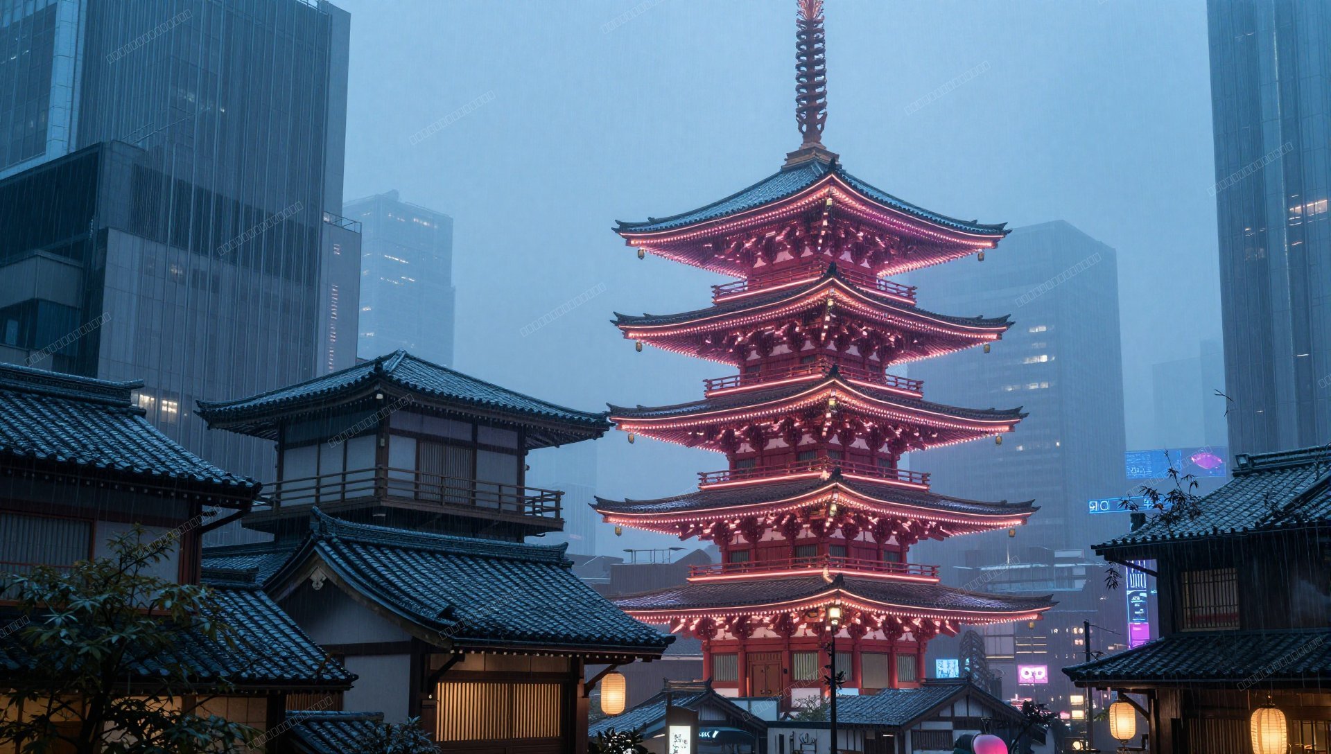 Neon Pagoda in Futuristic Tokyo: Cyberpunk Rain Dream