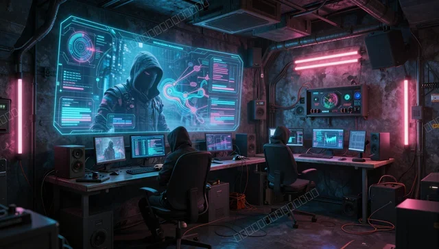 Underground Hacker Lair Cyberpunk Wallpaper