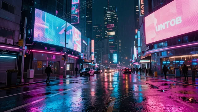 Neon Rain Cyberpunk City Street at Night