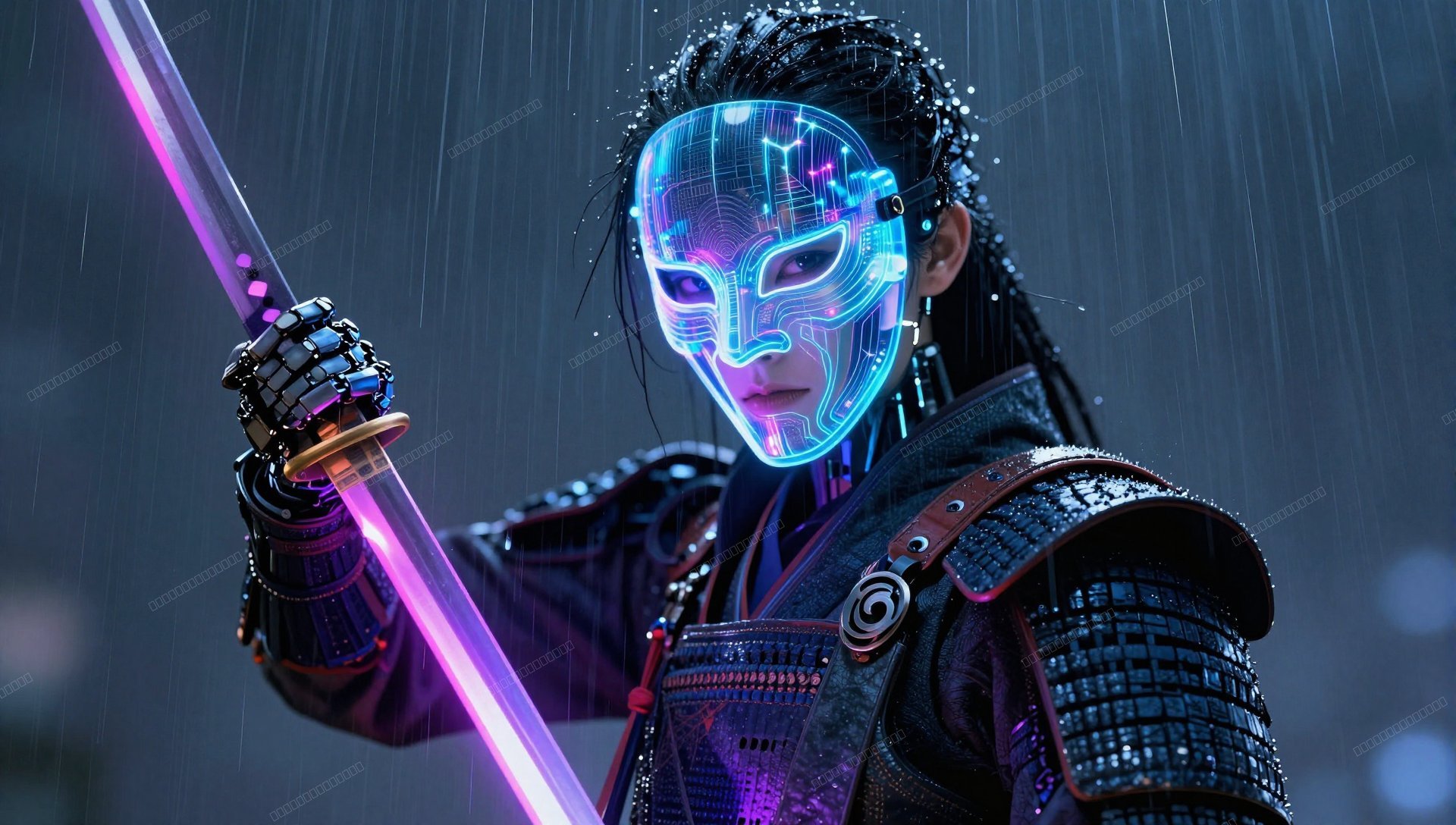 Cybernetic Samurai with Neon Katana Rain Wallpaper