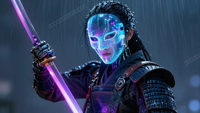 Cybernetic Samurai with Neon Katana Rain Wallpaper