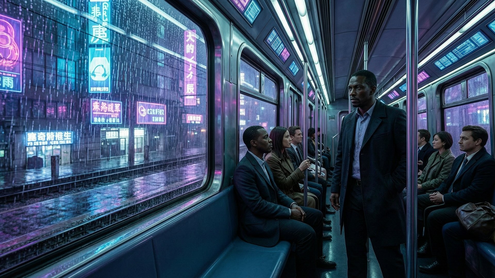 Cyberpunk Train Commute in Neon Rain
