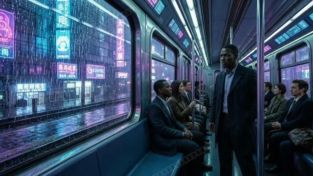 Cyberpunk Train Commute in Neon Rain