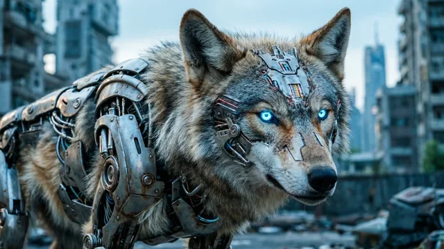 Cybernetic Wolf with Glowing Eyes Wallpaper