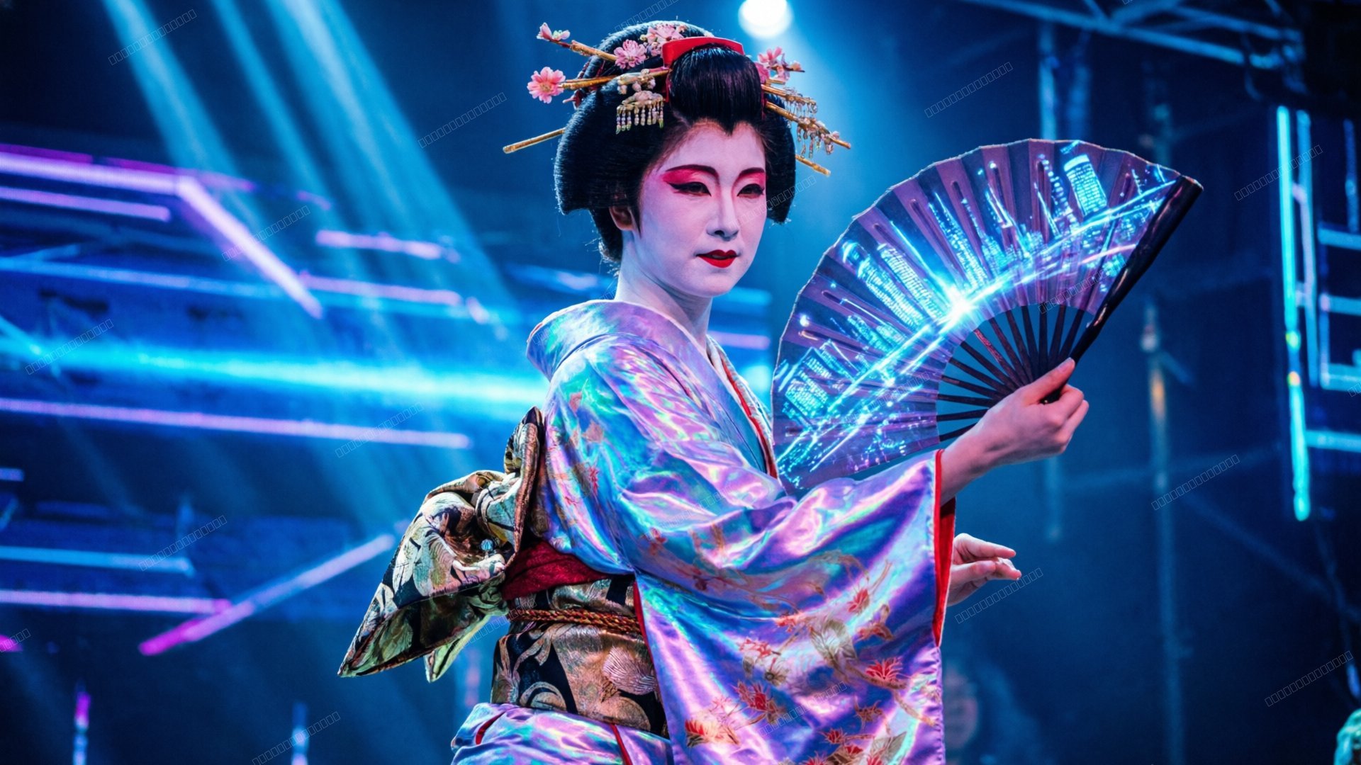 霓虹和服全息艺妓数码扇舞台