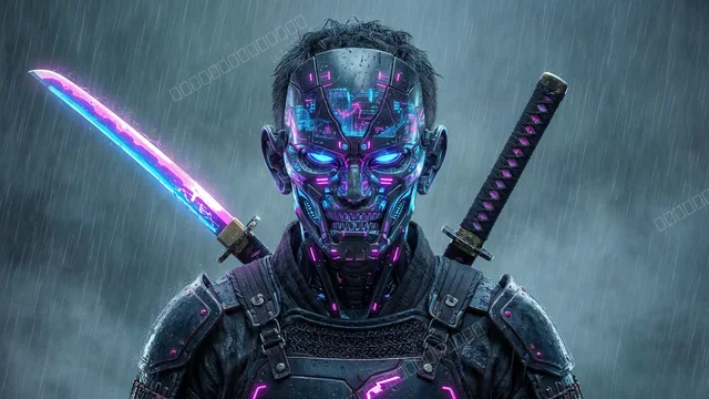 赛博武士霓虹刀全息雨夜
