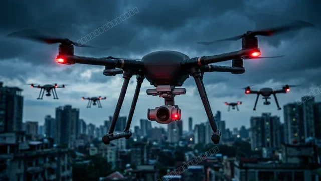暗夜城市监控无人机群红色眼眸