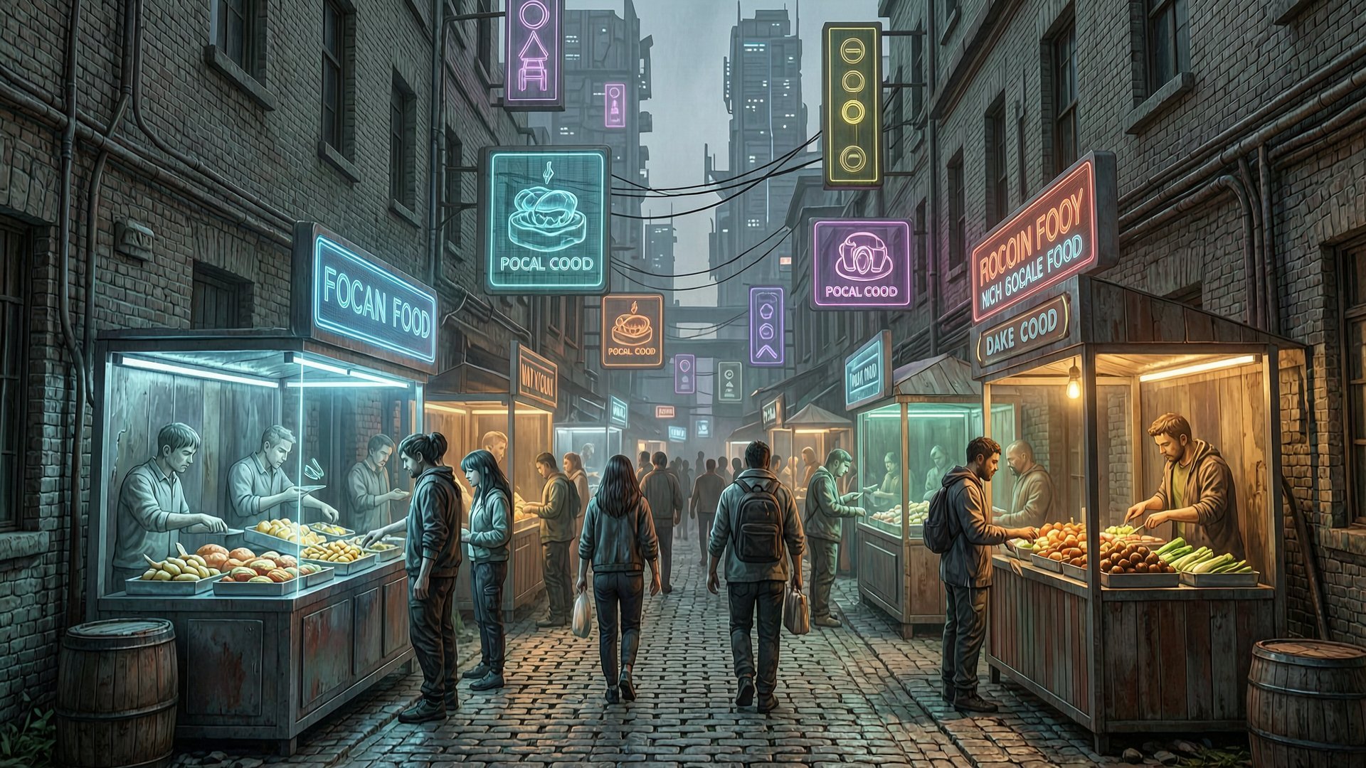 赛博朋克·旧新科技混搭的街头市场