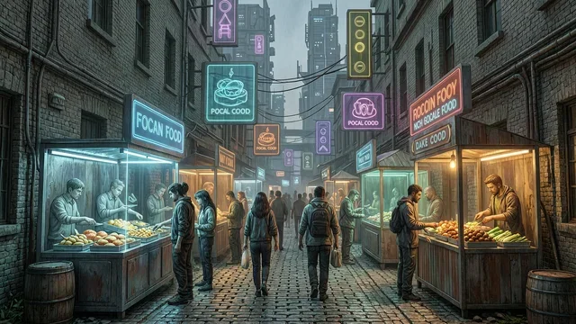 赛博朋克·旧新科技混搭的街头市场