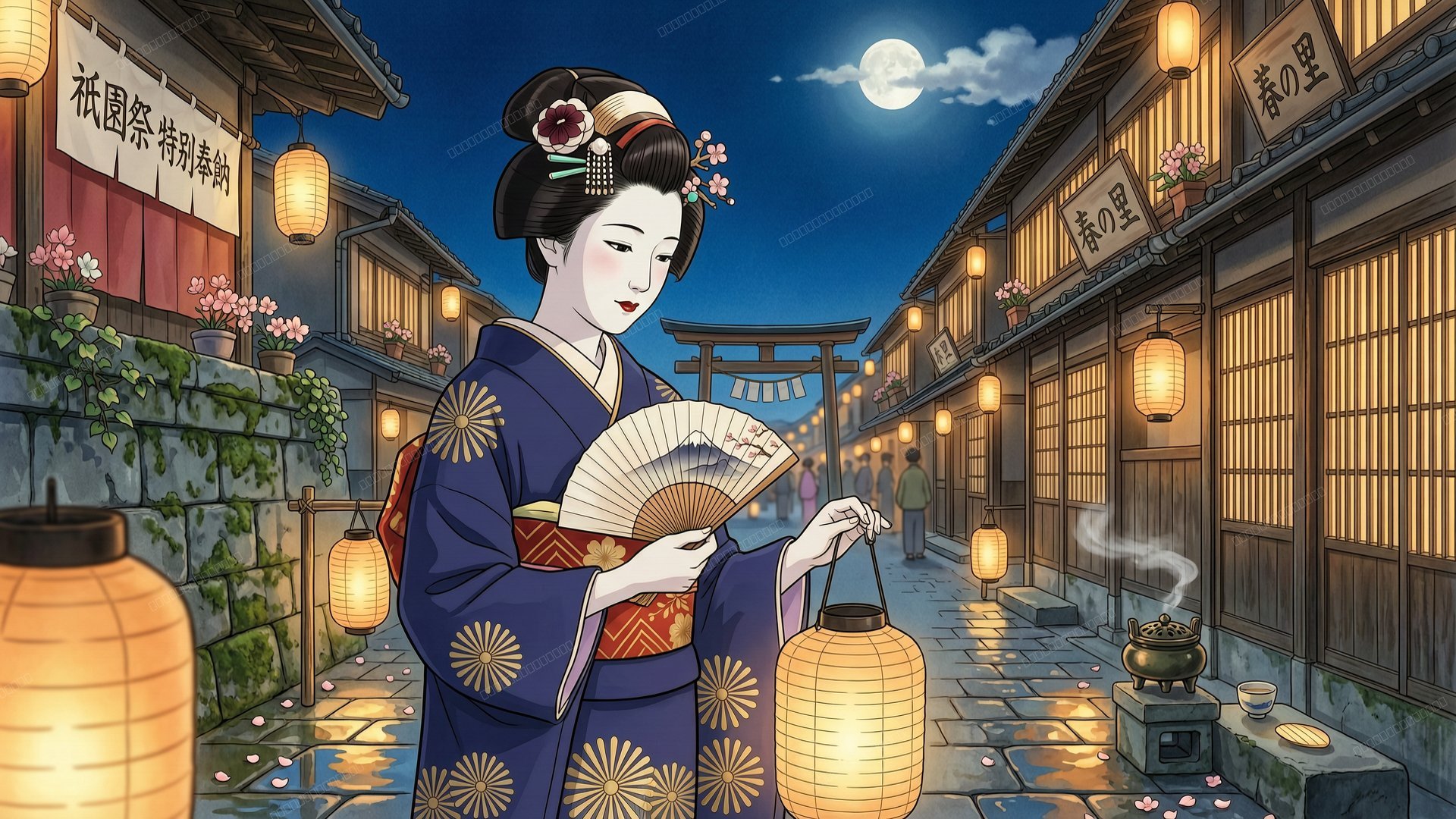 优雅和风艺伎夜行京都古街
