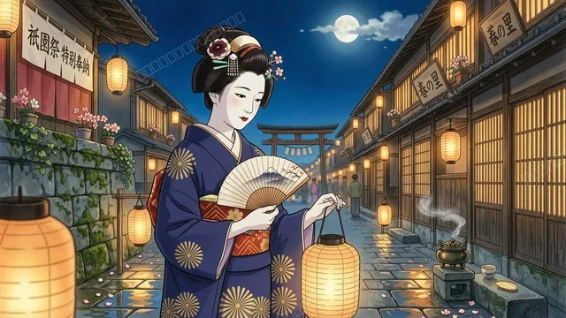优雅和风艺伎夜行京都古街