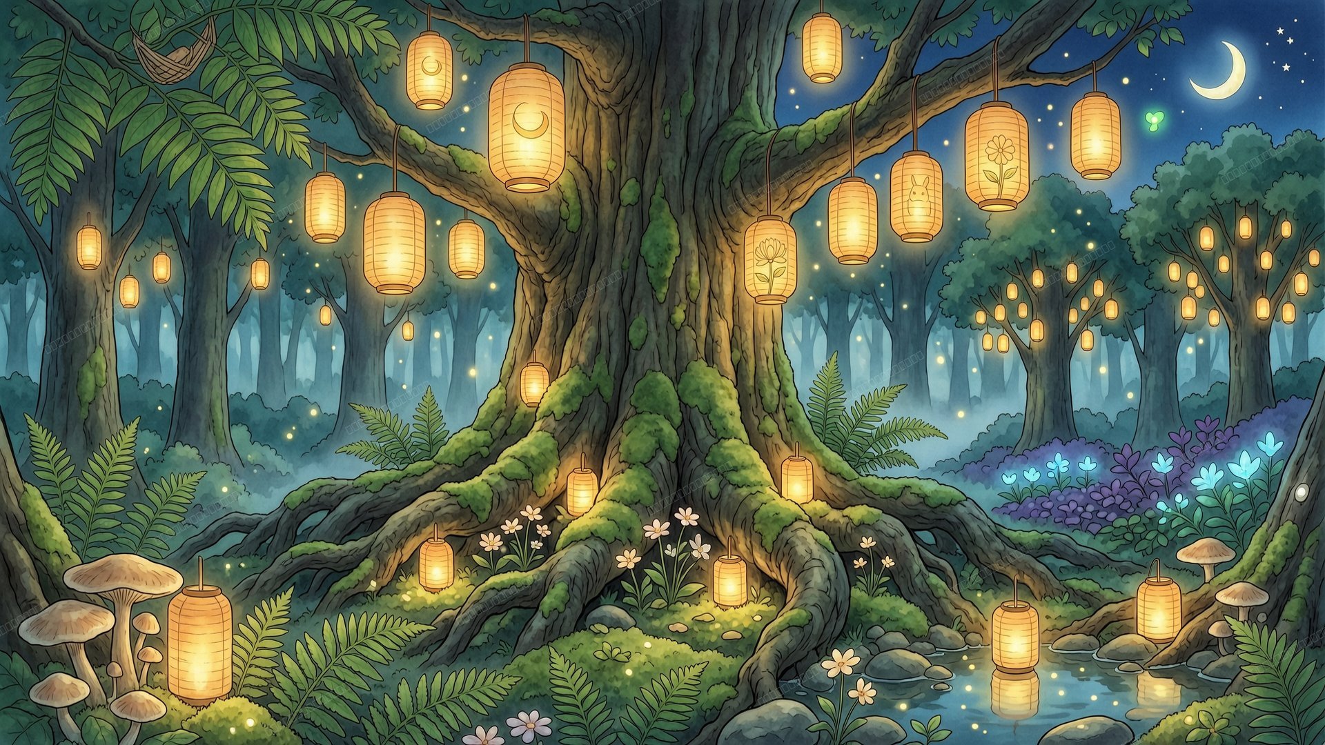 古老巨树与发光魂灯 - 吉卜力奇幻森林壁纸
